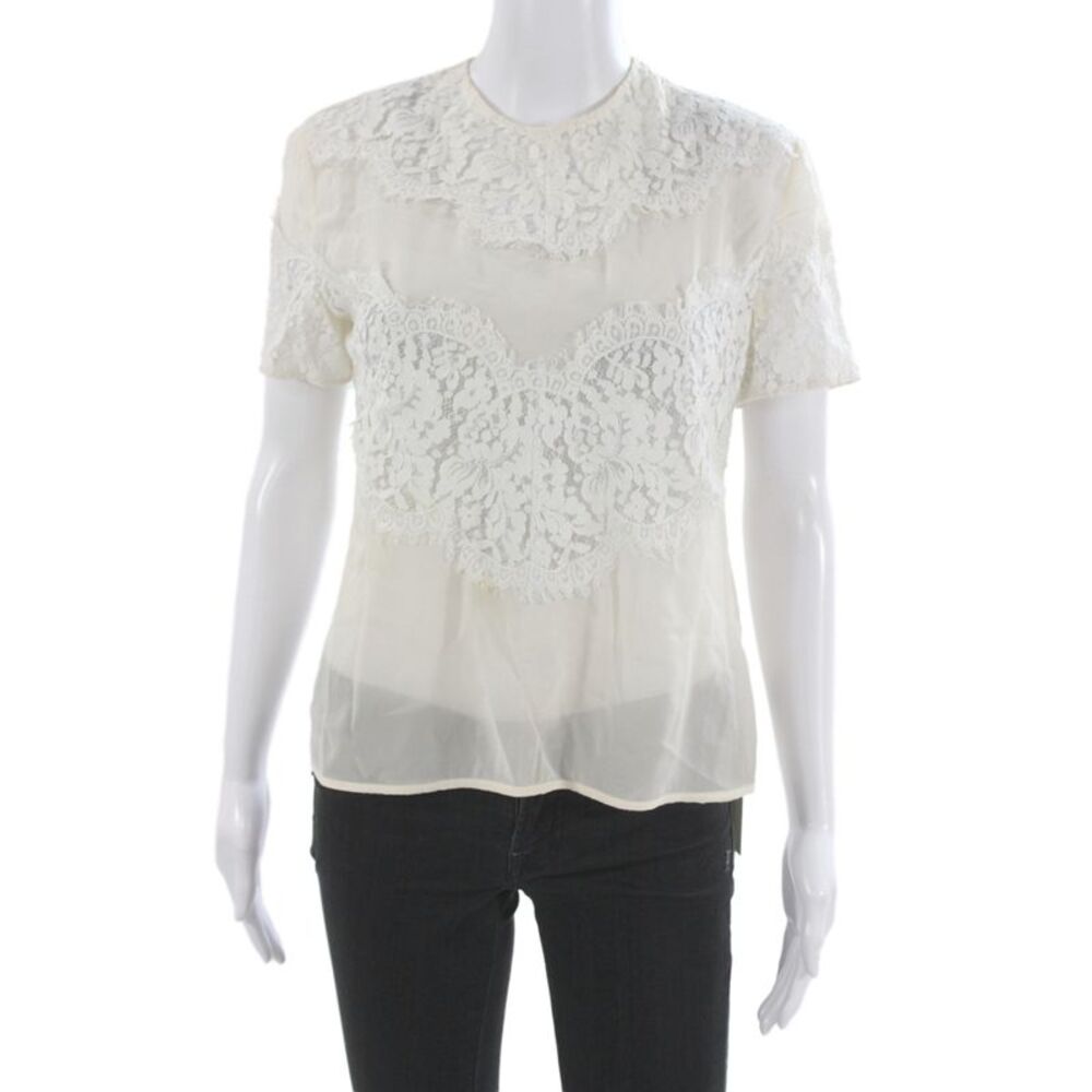 Lover Womens Basic Silk Blouse Ivory Round Neck Short Sleeve Button Size 4